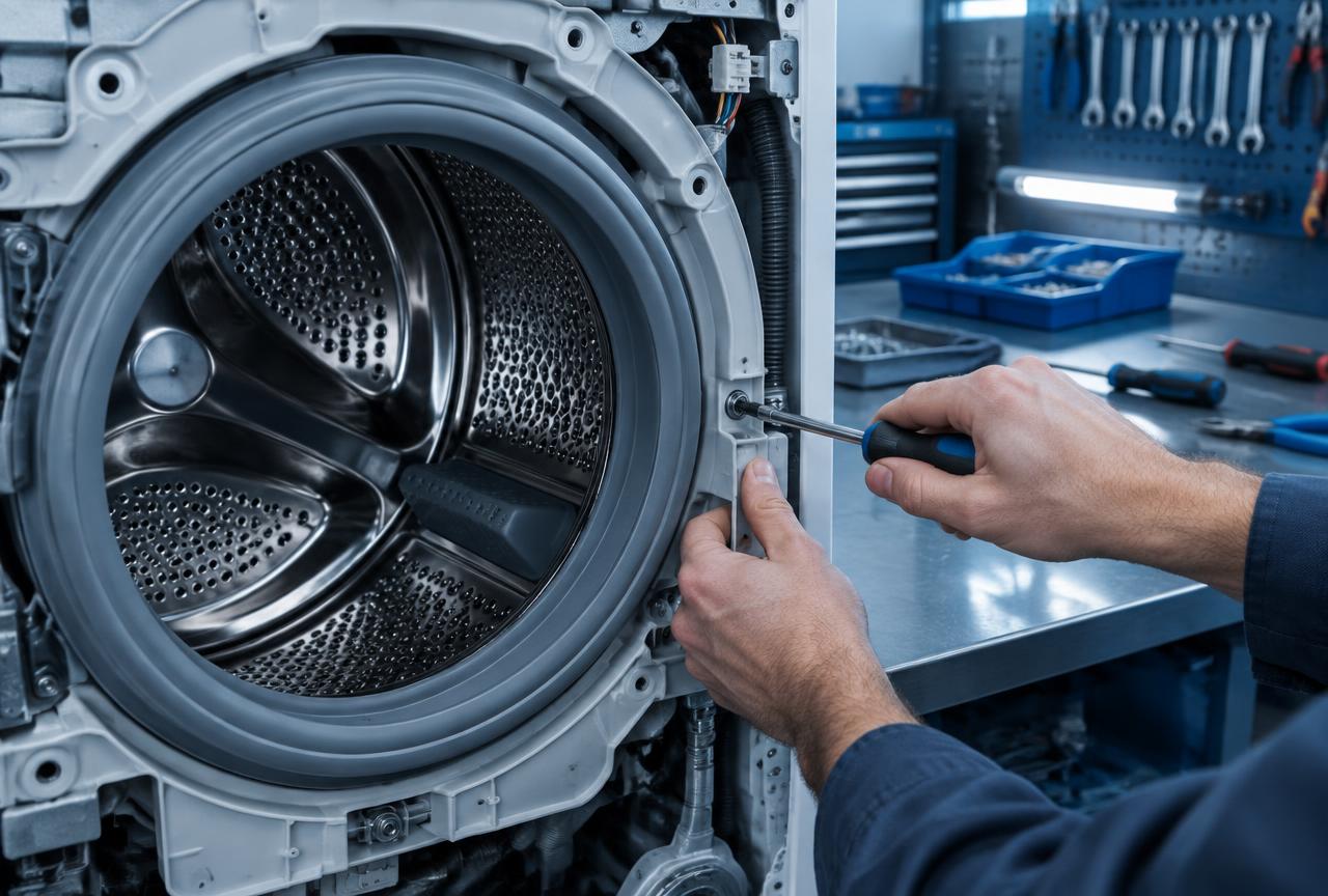 Manutenção técnica em máquina lava e seca em oficina
